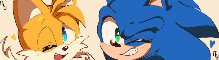 &lt;3 2023 2_tails age_difference anthro artist_watermark black_nose blue_eyes blue_quills canid canine cheek_tuft colored digital_drawing_(artwork) digital_media_(artwork) duo eulipotyphlan facial_tuft fangs forehead_tuft fox fur green_eyes hedgehog looking_at_viewer male male/male mammal miles_prower mobian_fox mobian_hedgehog multi_tail multicolored_body multicolored_fur one_eye_closed open_mouth open_smile pillynaps quills sega shaded simple_background smile sonic_the_hedgehog sonic_the_hedgehog_(series) tail tan_inner_ear teeth tuft two_tone_body white_body white_fur wink winking_at_viewer yellow_body yellow_fur young younger_male