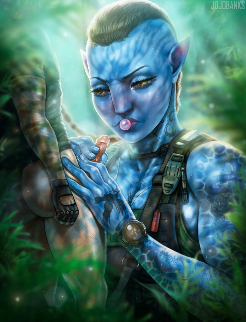 alien alien_humanoid animal_humanoid anon anthro arm_tattoo big_female black_hair blue_body blue_skin bubble_gum bulletproof_vest chewing_gum clock clothing dog_tag_necklace duo eyelashes faceless_character faceless_male felid felid_humanoid feline feline_humanoid fellatio female forest forest_background genitals hair hand_on_penis hand_tattoo hi_res human humanoid hybrid imminent_sex interspecies james_cameron's_avatar jojobanks male male/female mammal mammal_humanoid military_uniform na'vi nature nature_background neck_tattoo oral penile penis plant queue_(hairstyle) recombinant_(avatar) sex size_difference tattoo tree uniform watch watermark xenophilia yellow_eyes zdinarsk
