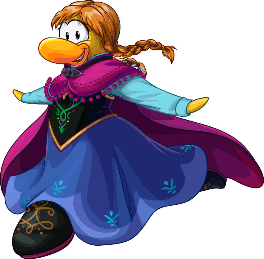 absurd_res anna_(frozen) avian bird black_clothing black_footwear black_topwear black_vest blue_bottomwear blue_clothing blue_shirt blue_skirt blue_topwear bottomwear braided_pigtails brown_hair clothing club_penguin crossover female footwear full-length_portrait hair hi_res long_hair looking_at_viewer official_art open_mouth penguin portrait purple_cape shirt shoes skirt solo topwear unknown_artist upper_teeth_only vest