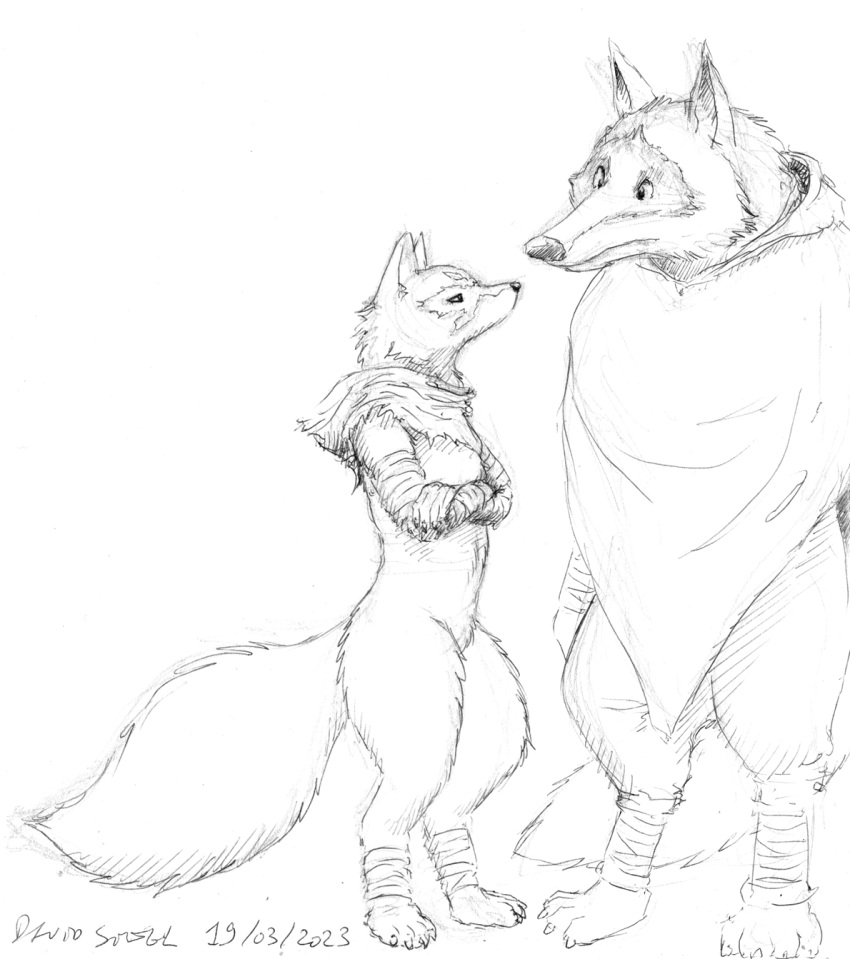 2023 alopex anthro asthexiancal canid canine canis clothed clothing death_(puss_in_boots) duo eye_contact female fox fur greyscale hi_res looking_at_another male mammal monochrome mostly_nude sketch teenage_mutant_ninja_turtles wolf