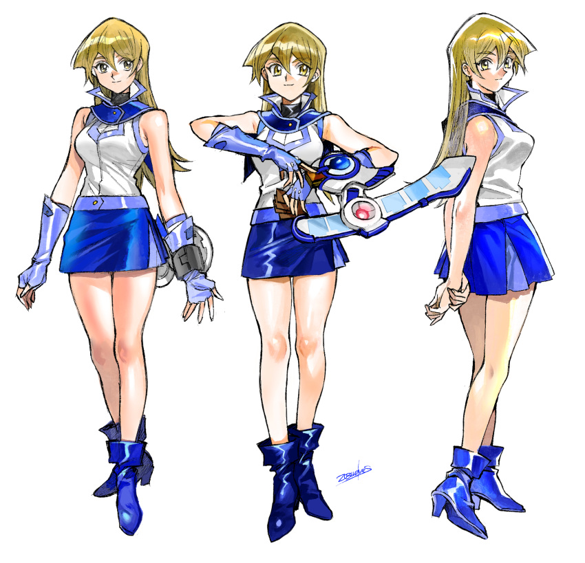 1girl 203wolves ankle_boots arms_behind_back artist_name bare_shoulders blonde_hair blue_footwear blue_skirt boots breasts buttons card closed_mouth commentary_request duel_academy_uniform_(yu-gi-oh!_gx) duel_disk elbow_gloves fingerless_gloves full_body gloves high_heels highres holding holding_card long_hair looking_at_viewer looking_back medium_breasts miniskirt multiple_girls signature simple_background skirt sleeveless smile standing tenjouin_asuka turtleneck white_background yellow_eyes yu-gi-oh! yu-gi-oh!_gx