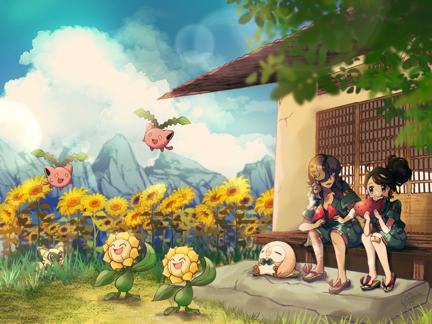 1boy 1girl arven_(pokemon) blue_sky brown_eyes brown_hair building cloud eating flower food fruit grass highres holding holding_food hoppip juliana_(pokemon) marie_(marie_cookie222) open_mouth outdoors pokemon pokemon_(creature) pokemon_(game) pokemon_sv rowlet sitting sky sprigatito sunflora sunflower watermelon watermelon_slice yellow_flower
