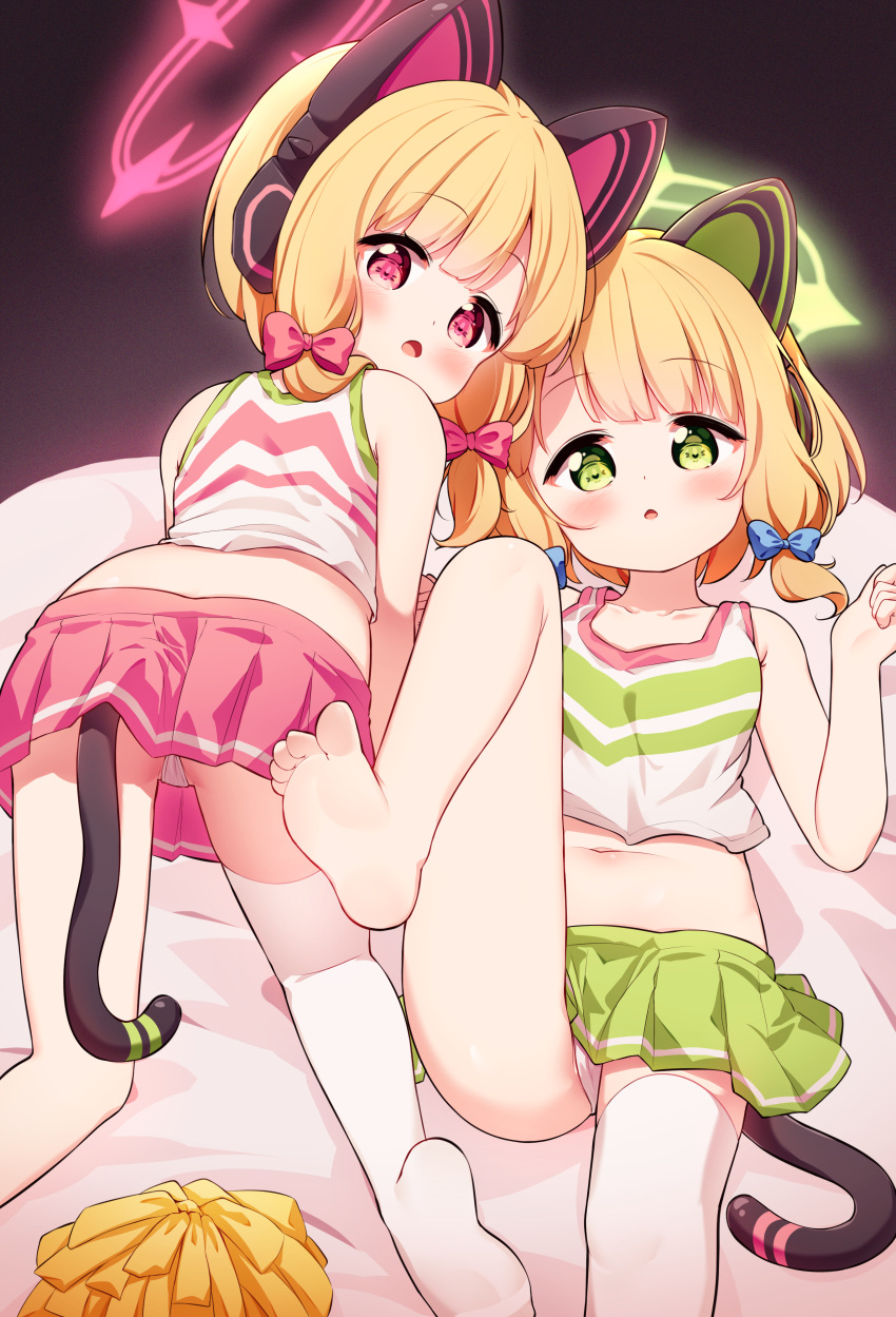 2girls :o absurdres all_fours animal_ear_headphones animal_ears armpit_crease ass bare_arms bare_shoulders barefoot blonde_hair blue_archive blue_bow blush bow cat_ear_headphones cheerleader commentary_request crop_top fake_animal_ears feet flat_chest foot_out_of_frame from_above from_behind green_eyes green_skirt hair_bow halo hand_up headphones highres leg_up looking_at_viewer looking_back midori_(blue_archive) momoi_(blue_archive) multiple_girls navel no_shoes open_mouth panties pink_skirt pleated_skirt pom_pom_(cheerleading) red_bow red_hair setmen siblings single_thighhigh sisters skirt soles tail tank_top thighhighs toes twins underwear white_panties white_tank_top white_thighhighs