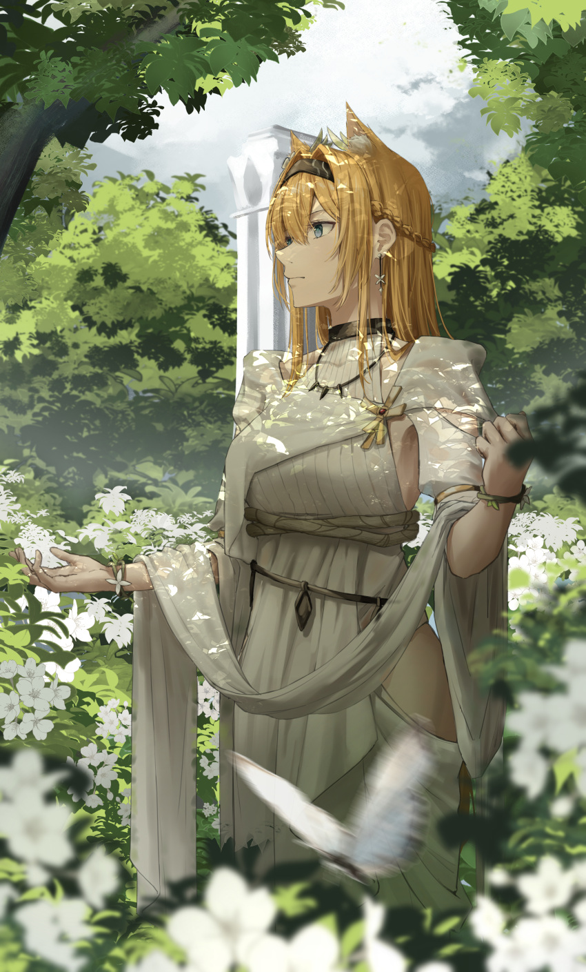 1girl absurdres animal_ear_fluff animal_ears arknights black_hairband blonde_hair blue_eyes bracelet braid breasts bug butterfly closed_mouth cowboy_shot day dress extra_ears flower hairband highres hip_vent holding horn_(arknights) horn_(to_effloresce_whitely)_(arknights) jewelry long_hair looking_afar looking_away medium_breasts necklace outdoors pillar ressec shawl solo white_dress white_flower wolf_ears
