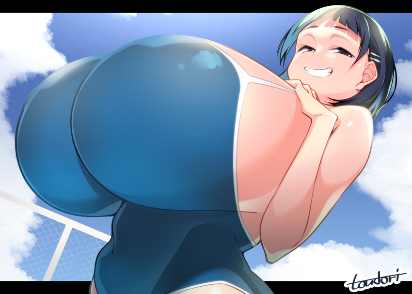 1girl breasts cloud fence gigantic_breasts highres school_swimsuit short_hair sky smile sogiita_gunha solo swimsuit sword_art_online teeth toudori