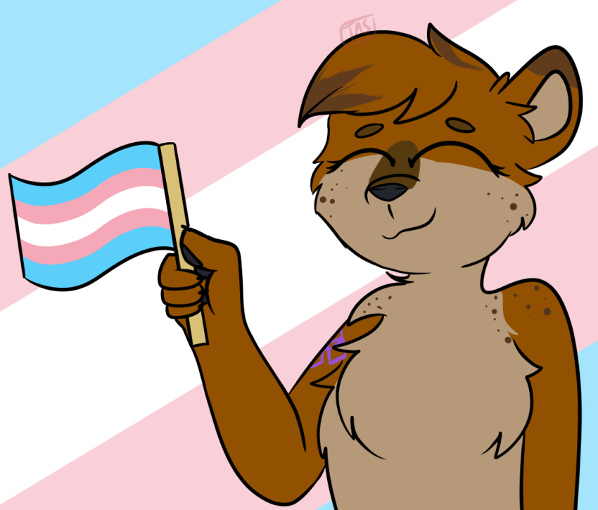 anthro arm_tattoo emmettart eyes_closed female lgbt_pride lontra mammal mustelid north_american_river_otter otter piper_(piflnoso) pride_colors river_otter smile solo tattoo tattoo_on_shoulder transgender_pride_colors waving_flag