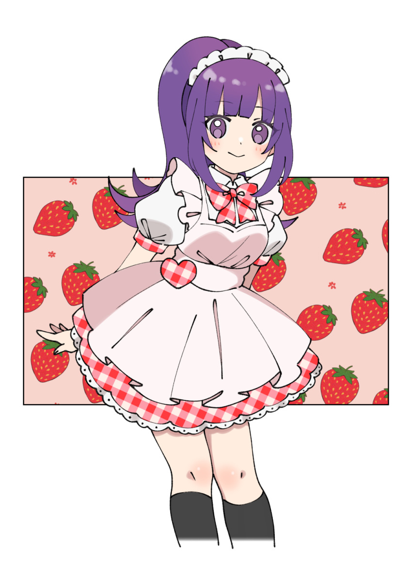 1girl apron arms_behind_back black_socks blunt_bangs blush bow bowtie breasts closed_mouth collared_dress commentary_request cropped_legs dress food frilled_apron frilled_dress frills fruit hachimu_yan hanazono_shuuka heart highres idol_time_pripara kneehighs long_hair looking_at_viewer maid maid_headdress medium_breasts plaid plaid_bow plaid_dress ponytail pretty_(series) pripara puffy_short_sleeves puffy_sleeves purple_eyes purple_hair red_bow red_bowtie red_dress short_sleeves smile socks solo standing strawberry white_apron