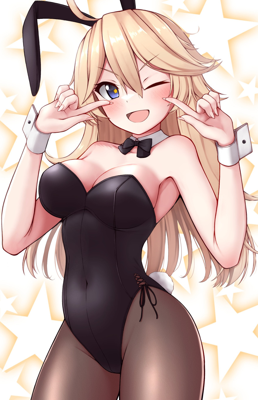 1girl absurdres alternate_costume animal_ears black_bow black_bowtie black_leotard black_pantyhose blonde_hair blue_eyes bow bowtie breasts cleavage contrapposto detached_collar highres index_fingers_raised iowa_(kancolle) kantai_collection large_breasts leotard long_hair pantyhose playboy_bunny pointing pointing_at_self rabbit_ears rabbit_tail smile solo standing star-shaped_pupils star_(symbol) starry_background strapless strapless_leotard symbol-shaped_pupils tail tiemu_(man190) wrist_cuffs