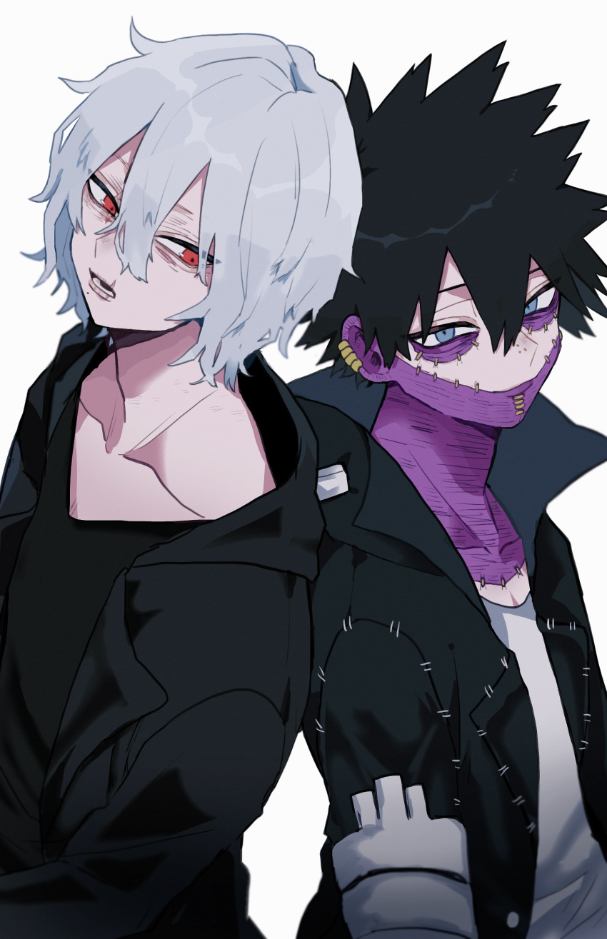 2boys ametaro_(ixxxzu) black_hair black_jacket black_shirt blue_eyes boku_no_hero_academia burn_scar cheek_piercing dabi_(boku_no_hero_academia) grey_hair highres hood hooded_jacket jacket male_focus mole mole_under_mouth multiple_boys multiple_scars red_eyes scar scar_on_face shigaraki_tomura shirt short_hair simple_background spiked_hair staple stapled white_background white_shirt wrinkled_skin