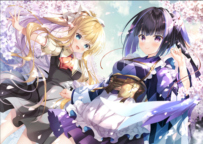 2girls :d air_(visual_novel) apron ascot black_dress black_hair blonde_hair blue_eyes blue_sky branch breasts brown_shirt checkered_clothes checkered_kimono cloud commentary_request company_connection crossover day dress flower frilled_apron frills hair_ribbon highres japanese_clothes kamio_misuzu karasuba_(prima_doll) key_(company) kimono long_hair medium_breasts multicolored_hair multiple_girls outdoors outstretched_arms petals pleated_skirt ponytail prima_doll_(anime) puffy_short_sleeves puffy_sleeves purple_eyes purple_hair purple_kimono purple_skirt red_ascot ribbon school_uniform shirt short_sleeves skirt sky smile spread_arms streaked_hair takano_yuki_(allegro_mistic) very_long_hair white_apron white_flower white_ribbon