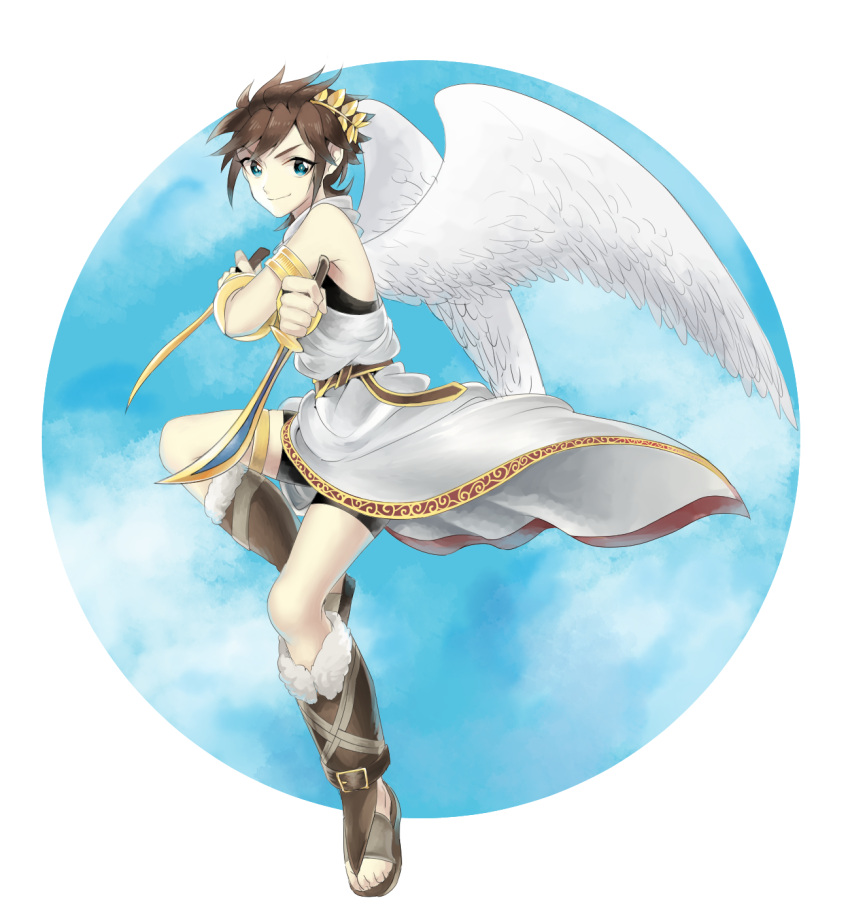 1boy angel angel_wings armlet blue_eyes brown_hair commentary_request dual_wielding full_body highres holding kid_icarus kid_icarus_uprising laiku_n laurel_crown looking_at_viewer male_focus pit_(kid_icarus) smile solo v-shaped_eyebrows wings