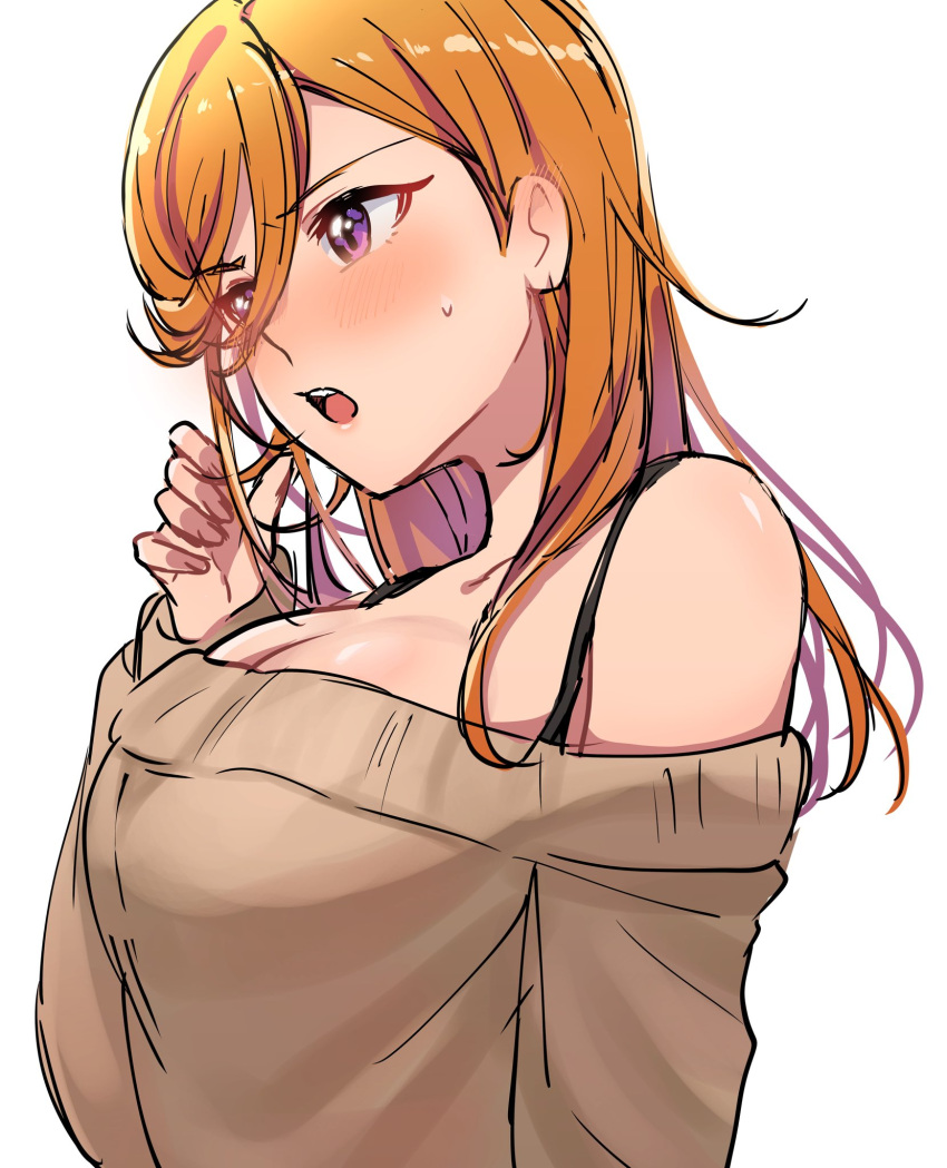 1girl arm_up blush bra_strap breasts brown_sweater cleavage embarrassed fingernails hair_between_eyes highres love_live! love_live!_superstar!! medium_breasts medium_hair mei_hinamatsu off-shoulder_sweater off_shoulder open_mouth orange_hair purple_eyes shibuya_kanon solo sweatdrop sweater teeth tight_clothes upper_teeth_only white_background