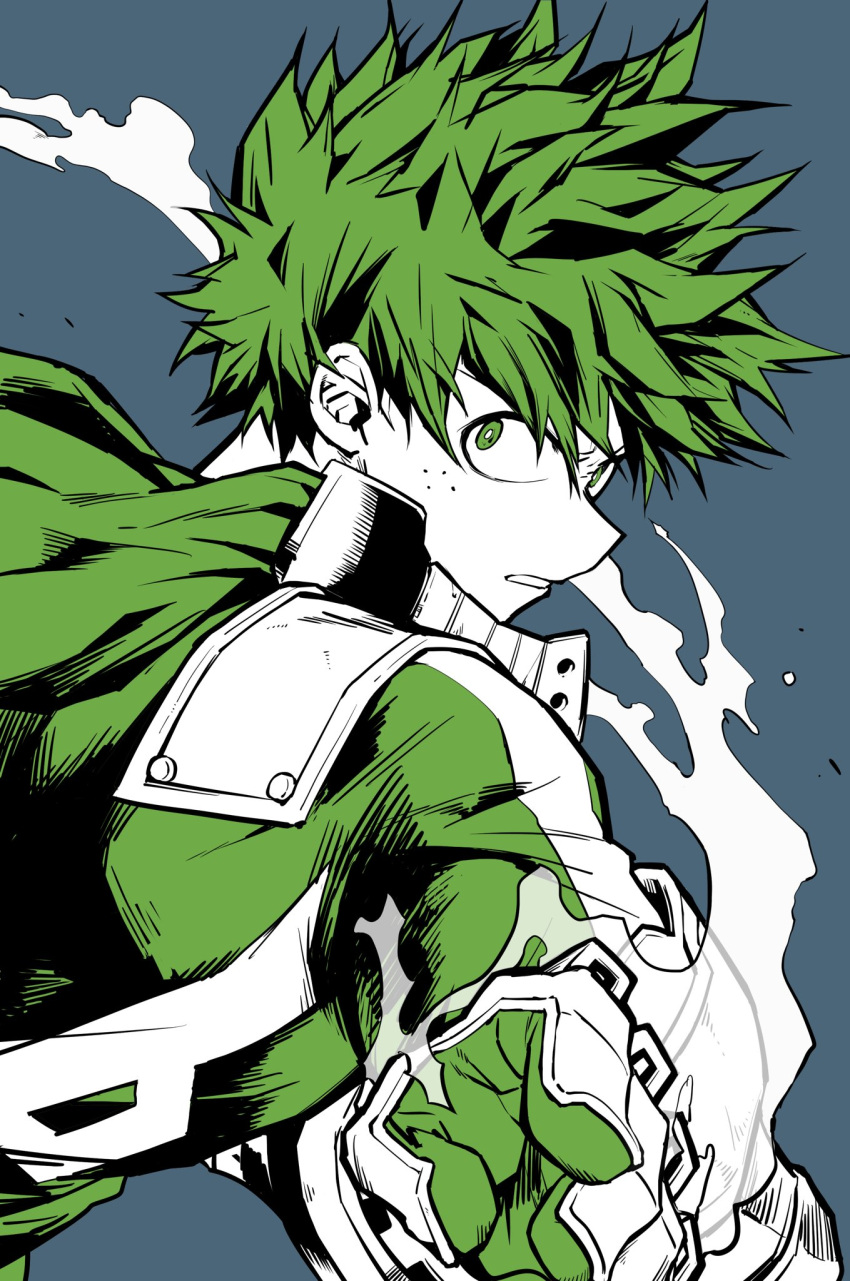 1boy blue_background bodysuit boku_no_hero_academia bright_pupils chiyaya dutch_angle freckles from_side furrowed_brow gloves green_bodysuit green_eyes green_gloves green_hair green_theme hands_up high_contrast highres limited_palette looking_back male_focus midoriya_izuku parted_lips profile serious short_hair simple_background smoke solo turning_head upper_body v-shaped_eyebrows