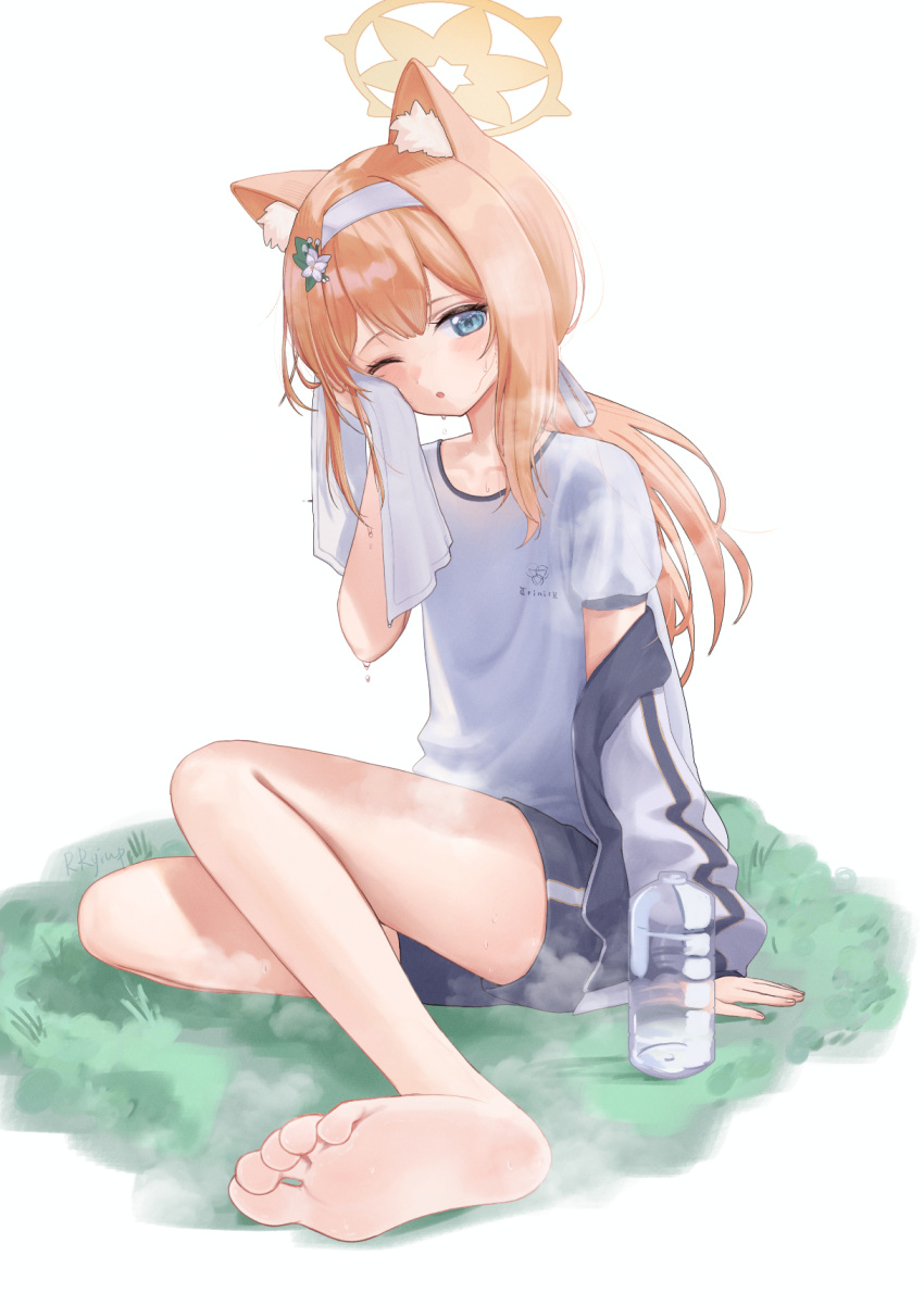 1girl animal_ear_fluff animal_ears barefoot black_shorts blue_archive blue_eyes flower gym_shirt gym_shorts hair_flower hair_ornament halo highres holding holding_towel jacket long_hair mari_(blue_archive) mari_(track)_(blue_archive) official_alternate_costume one_eye_closed orange_hair parted_lips rryiup shirt shorts soles solo sweat toes towel track_jacket white_flower white_shirt yellow_halo