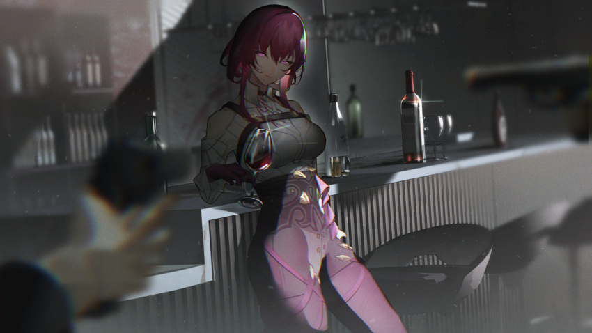 1girl 1other bar_(place) black_shorts bottle chest_harness cinnabar2528 closed_mouth cup gloves hair_between_eyes harness high-waist_shorts highres holding holding_cup honkai:_star_rail honkai_(series) indoors kafka_(honkai:_star_rail) light_particles long_sleeves looking_at_another looking_at_viewer pantyhose purple_eyes purple_gloves purple_hair purple_pantyhose red_wine shadow shirt shorts sidelocks smile solo_focus standing thighs white_shirt wine_bottle