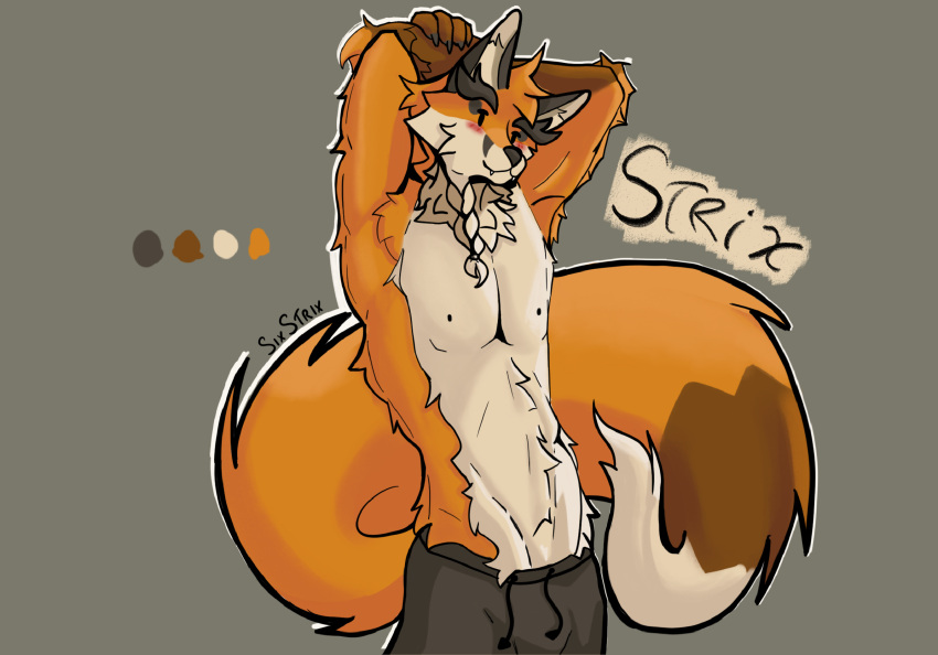 2023 anthro big_tail blush canid canine canis clothed clothing colored cute_fangs dot_eyes eyebrows fluffy fluffy_chest fluffy_tail fox hands_behind_head hi_res long_tail makeup male mammal neck_tuft nipples pinup pose red_fox simple_background smile solo standing tail thick_eyebrows topless tuft