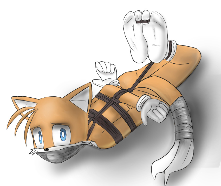 bdsm bondage bound canid canine clothing feet footwear fox gag hi_res himaridot hogtied male mammal miles_prower sega socks solo sonic_the_hedgehog_(series) tape tape_gag