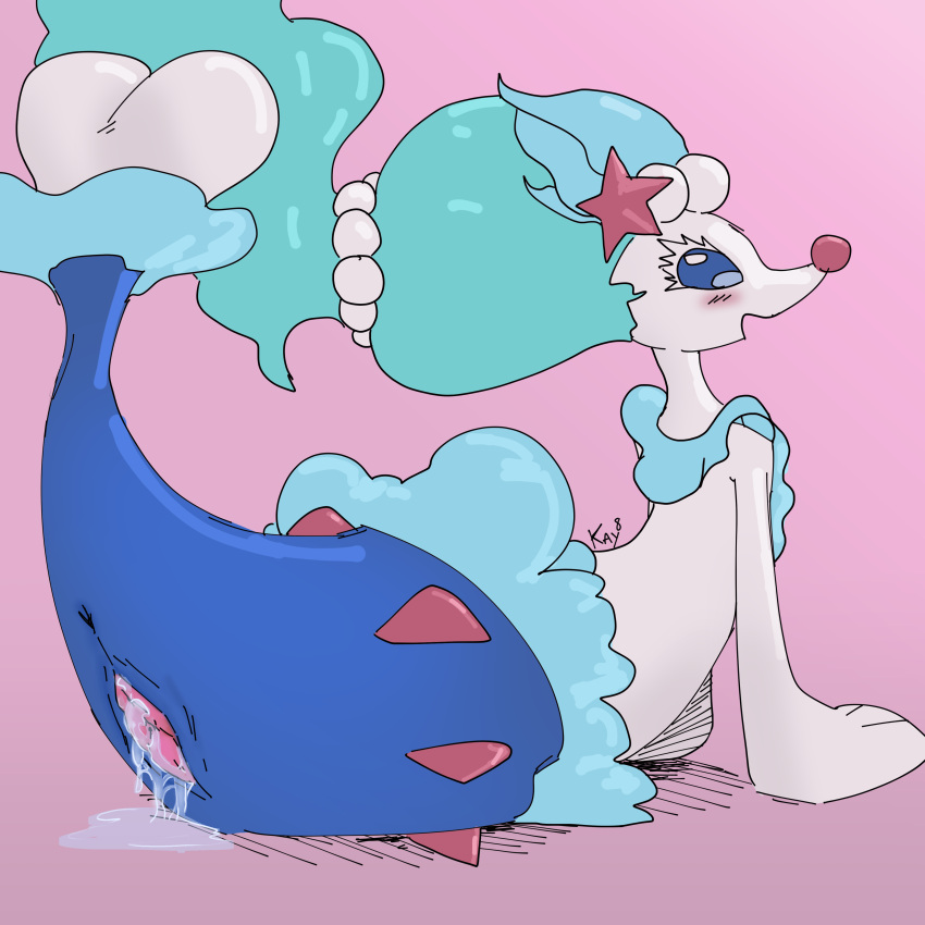 absurd_res aroused blush blush_lines bodily_fluids butt female feral generation_7_pokemon genital_fluids genitals hi_res kay8 nintendo pokemon pokemon_(species) presenting presenting_hindquarters presenting_pussy primarina pussy pussy_juice solo