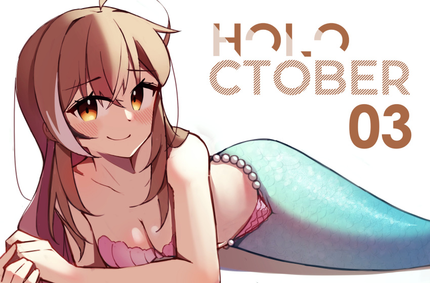 1girl absurdres ahoge alternate_costume blush breasts brown_eyes brown_hair cleavage crossed_bangs english_text fins fish_girl fish_tail gem highres hololive hololive_english lavendeavor long_hair looking_at_viewer medium_breasts mermaid monster_girl multicolored_hair nanashi_mumei official_alternate_hairstyle pearl_(gemstone) scales shell shell_bikini smile streaked_hair tail virtual_youtuber