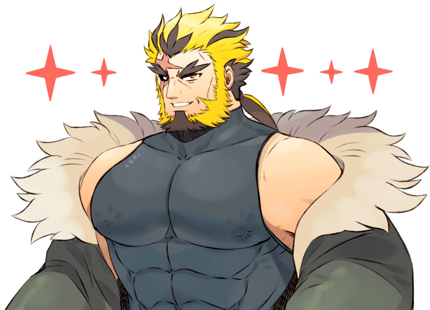 1boy bara bare_shoulders blonde_hair covered_abs covered_nipples highres hiwen-d large_pectorals looking_at_viewer male_focus mature_male muscular muscular_male off_shoulder original pectorals seductive_smile shirt short_hair smile solo taut_clothes taut_shirt thick_beard thick_eyebrows upper_body