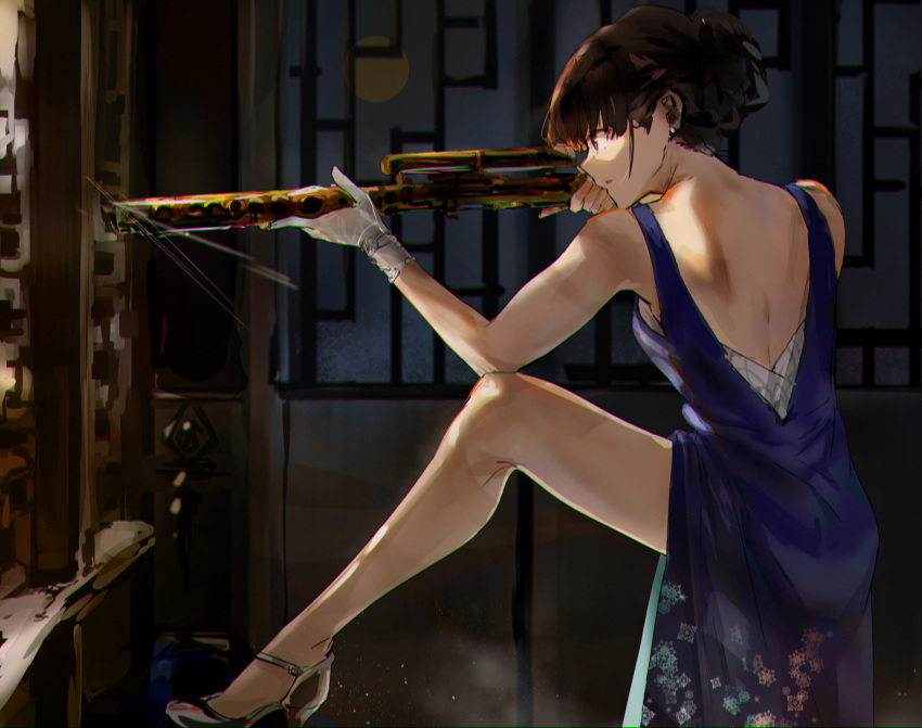 1girl aiming alternate_costume alternate_hairstyle arm_on_knee backless_dress backless_outfit balcony bare_arms bare_back bare_legs bare_shoulders bass_flute black_footwear blue_dress blunt_bangs cocktail_dress commentary dress earrings english_commentary flute foot_out_of_frame foot_up from_side funi_mu9 gloves gun high_heels highres holding holding_gun holding_instrument holding_weapon indoors inoue_takina instrument jewelry long_dress lycoris_recoil mission:_impossible mission:_impossible_-_rogue_nation parted_lips print_dress profile purple_eyes rifle scope short_hair silver_footwear sleeveless sleeveless_dress sniper_rifle solo squatting strappy_heels toes weapon white_gloves wind