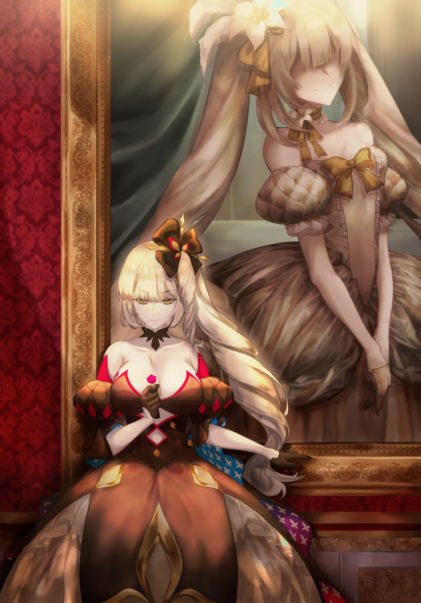 1girl absurdres alter_servant bare_shoulders black_dress black_gloves bow breasts choker cleavage collarbone dark_persona dress fate/grand_order fate_(series) flower gloves hair_bow hair_ornament hair_over_eyes half_gloves highres holding holding_jewelry holding_ring indoors jewelry large_breasts light_persona long_hair marie_antoinette_(alter)_(fate) marie_antoinette_(fate) minako_larima picture_frame portrait_(object) ring side_ponytail small_breasts smile solo twintails very_long_hair white_dress white_flower white_gloves white_hair yellow_eyes