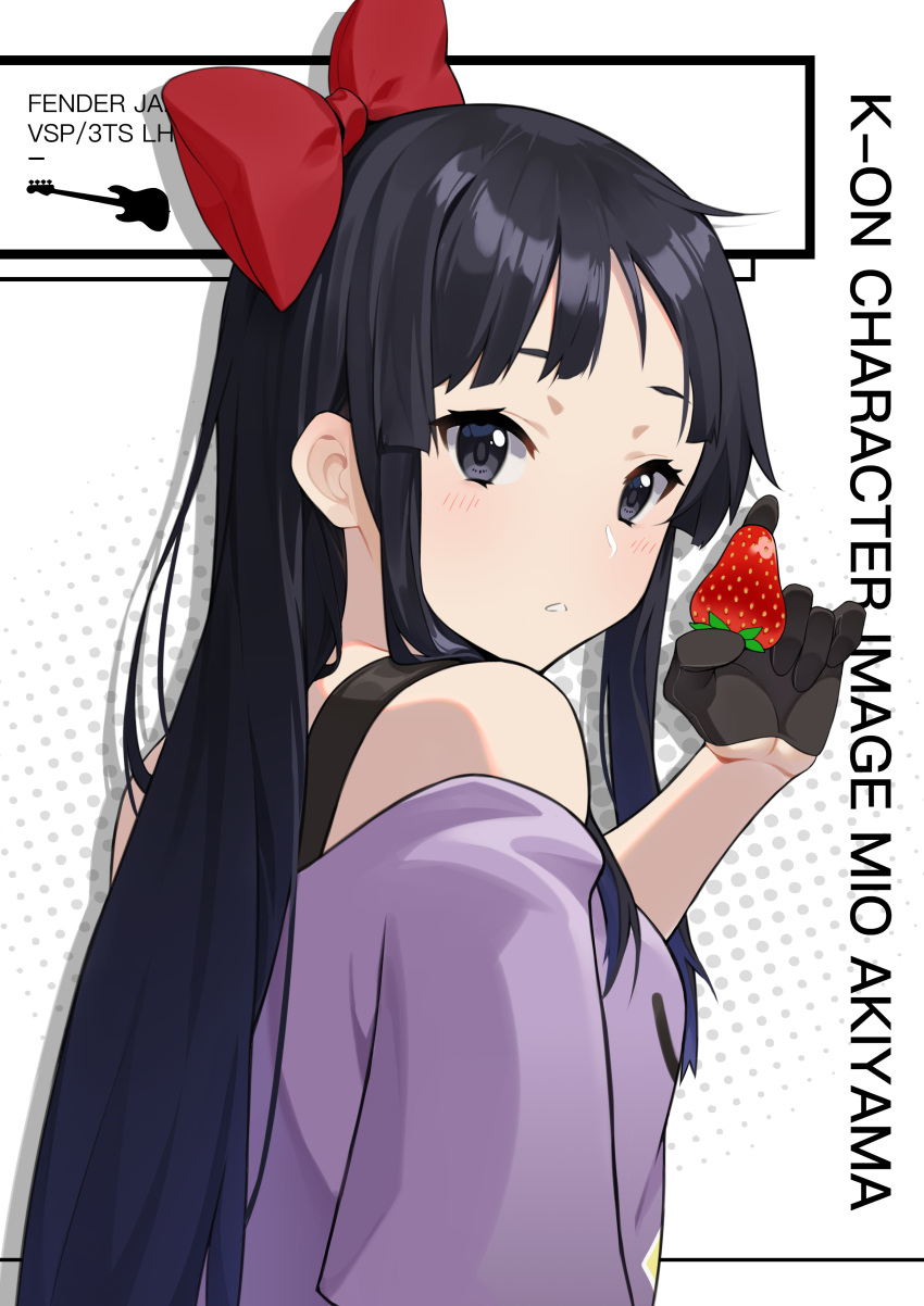 1girl absurdres akiyama_mio black_eyes black_gloves black_hair blush bow character_name chinese_commentary commentary_request copyright_name food from_side fruit gloves hair_bow highres holding holding_food holding_fruit k-on! listen!! long_hair looking_at_viewer looking_to_the_side purple_shirt red_bow shirt short_sleeves solo strawberry upper_body xian_yu_zhanshi