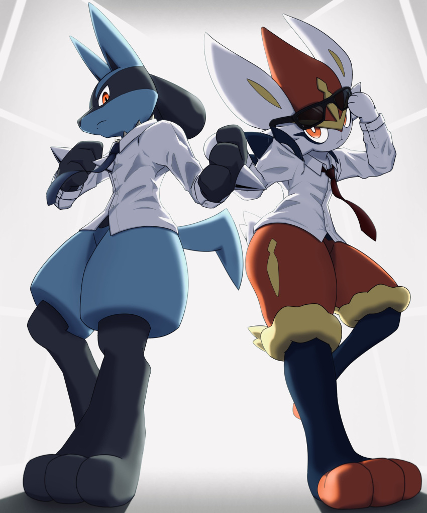 2023 5:6 :&lt; abstract_background absurd_res ambiguous_gender anthro barefoot big_ears black_body black_ears black_skin blue_body blue_ears blue_fur blue_skin blue_tail bottomless bottomless_ambiguous bottomless_anthro canid canine chest_spike cinderace clothed clothed_ambiguous clothed_anthro clothing detailed duo eyewear featureless_crotch feet frown frowning_at_viewer fur generation_4_pokemon generation_8_pokemon glasses grey_background head_tilt hi_res lagomorph long_ears long_tail looking_at_viewer looking_down looking_down_at_viewer lucario mammal mostly_nude mostly_nude_ambiguous mostly_nude_anthro multicolored_body multicolored_ears multicolored_fur multicolored_skin necktie niku1441 nintendo orange_eyes pink_nose pokemon pokemon_(species) portrait pose raised_arm red_body red_eyes red_fur red_skin shadow shirt simple_background spikes spikes_(anatomy) standing tail topwear white_background white_ears yellow_body yellow_ears yellow_fur