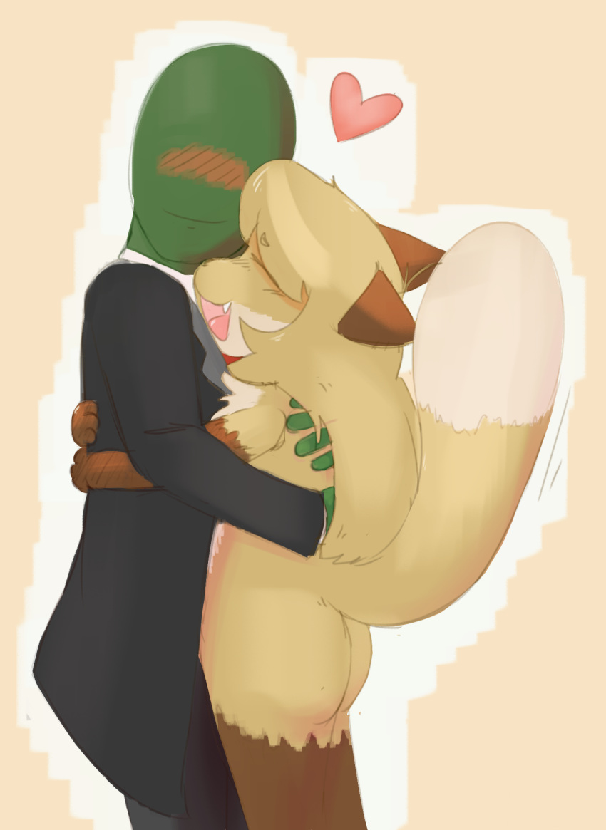 &lt;3 anon anthro averi_(fiddleafox) blush brown_body brown_fur business_suit canid canine clothing dipstick_tail duo embrace eyes_closed female female_anthro fox fur gloves_(marking) green_body green_skin hair hi_res hug human leg_markings male male/female mammal markings simple_background socks_(marking) standing suit tail tail_markings unknown_artist white_body white_fur