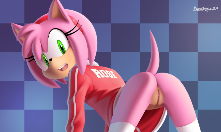 2023 amy_rose anthro anus artist_name black_nose butt clothing devo87 digital_media_(artwork) eulipotyphlan eyelashes female genitals green_eyes hedgehog legwear looking_at_viewer mammal open_mouth pink_body pussy sega solo sonic_the_hedgehog_(series)