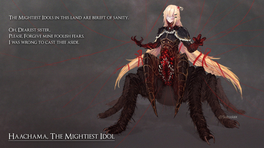 1girl akai_haato armor arthropod_girl baloolax blonde_hair claws commentary dark_souls_(series) dark_souls_i english_commentary english_text full_body grey_background highres hololive long_hair monster_girl silk simple_background solo spider_girl spider_web taur twitter_username very_long_hair