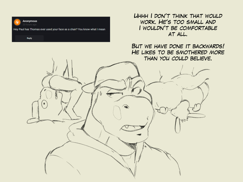 absurd_res anthro asinus ask_blog backwards_baseball_cap backwards_hat baseball_cap clothing dinosaur donkey duo equid equine facesitting hat headgear headwear hi_res humor line_art male male/male mammal paul_(zourik) reptile scalie sitting_on_another sketch solo thomas_(zourik) zourik