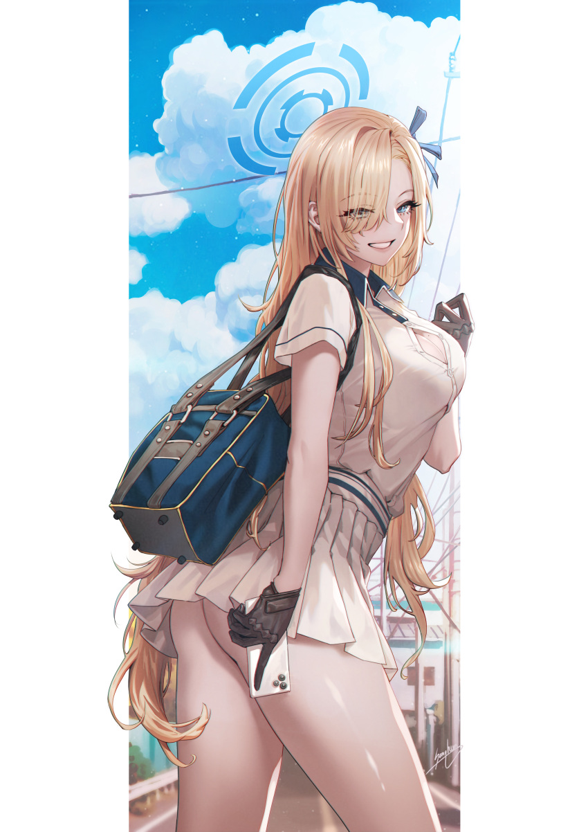 1girl absurdres ass asuna_(blue_archive) asymmetrical_bangs backpack bag blonde_hair blue_archive breasts button_gap cellphone cleavage gloves hair_over_one_eye hair_ribbon halo highres honey_brush large_breasts long_hair miniskirt phone pleated_skirt polo_shirt ribbon road shiny_skin skirt street