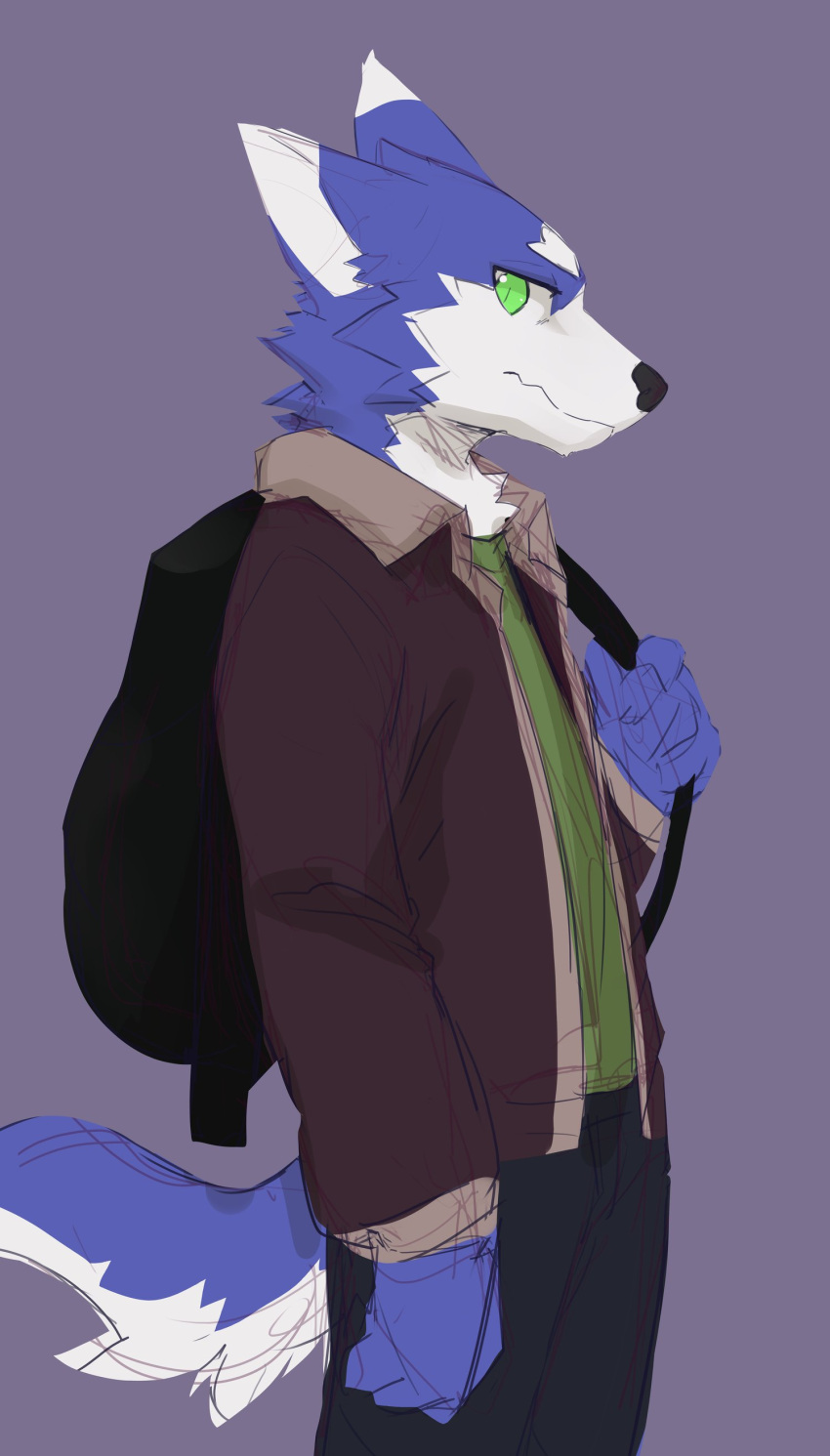 absurd_res anthro black_backpack black_nose blue_body blue_fur brown_clothing brown_jacket brown_topwear canid cheek_tuft clothed clothing dark_pants facial_tuft fur glistening glistening_eyes green_clothing green_topwear hi_res jacket kuttoyaki looking_at_viewer male mammal mouth_closed neck_tuft portrait pupils purple_background side_view simple_background slit_pupils solo standing three-quarter_portrait topwear tuft white_body white_fur