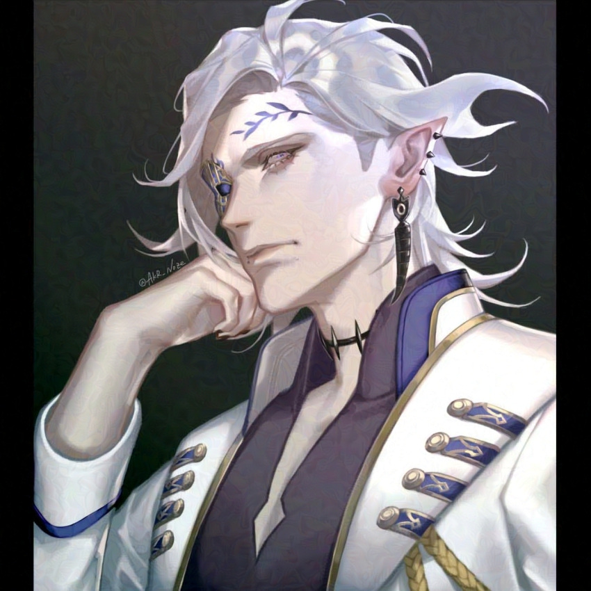 1boy akr_noze blue_shirt choker commentary_request ear_piercing expressionless eyepatch forehead_tattoo formal from_side gold_trim hades_(shuumatsu) hand_to_own_face highres jacket leaf_tattoo long_hair male_focus piercing pointy_ears shirt shuumatsu_no_valkyrie solo twitter_username upper_body white_jacket