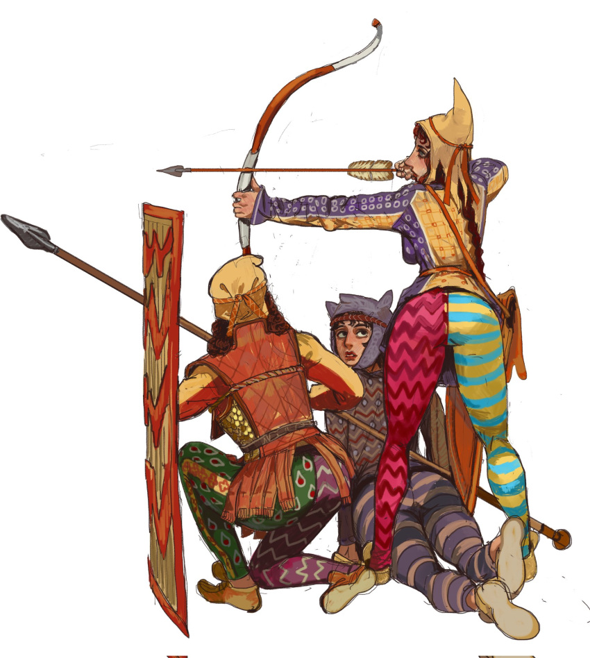 3girls arrow_(projectile) ass ass_focus bow_(weapon) braid hat highres holding holding_bow_(weapon) holding_weapon leggings long_hair looking_back mossacannibalis multiple_girls original polearm quiver red_hair scythian shield spear weapon white_background