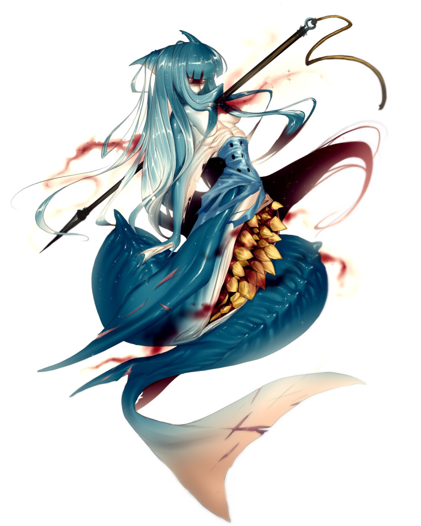 1girl blood blue_skirt breasts english_commentary extra_mouth floating_hair full_body glowing glowing_eyes harpoon highres horror_(theme) impaled indie_virtual_youtuber liche_(wiggly_liche) long_hair looking_ahead medium_breasts mermaid minnow_candy monster_girl monsterification second-party_source shark_fin shark_girl sharp_teeth skirt solo teeth topless torn_clothes torn_skirt very_long_hair virtual_youtuber webbed_hands white_background white_eyes