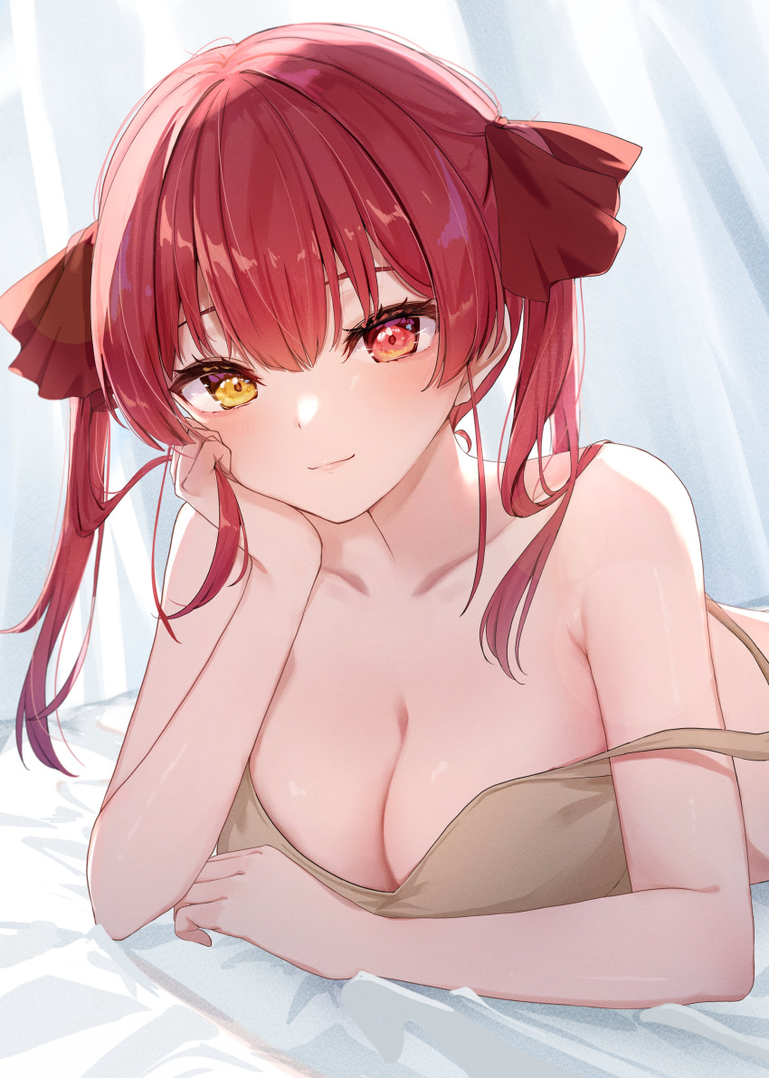 1girl absurdres bare_shoulders bed_sheet breasts cleavage closed_mouth collarbone curtains elbow_rest hair_ribbon heterochromia highres hololive houshou_marine large_breasts long_hair looking_at_viewer lying on_stomach red_eyes red_hair ribbon smile solo strap_slip twintails upper_body virtual_youtuber yellow_eyes yoshinon_(yoshinon_kotori)