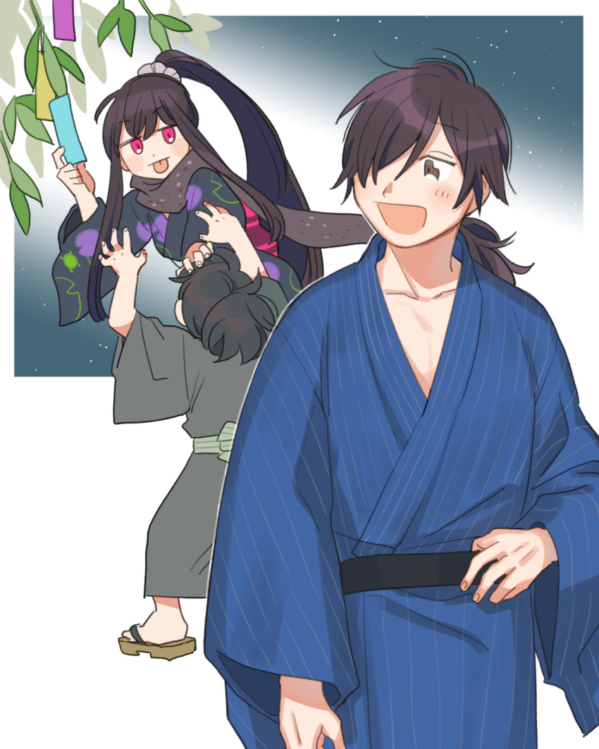 1girl 2boys :p alternate_costume bamboo black_hair blue_kimono border brown_eyes brown_hair collarbone colored_eyelashes fate/grand_order fate_(series) grey_kimono hair_over_one_eye hand_on_another's_head highres japanese_clothes kimono long_hair long_sleeves multiple_boys okada_izou_(fate) oneroom-disco open_mouth oryou_(fate) ponytail sakamoto_ryouma_(fate) sandals scarf star_(sky) tanabata tanzaku tongue tongue_out very_long_hair white_border wide_sleeves