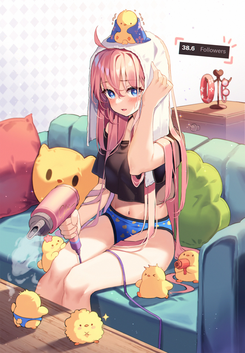 1girl absurdres after_bathing ahoge animal_on_head bird blue_eyes blue_panties blush breasts chick couch crop_top hair_dryer highres indoors kuri_(animejpholic) long_hair navel no_pants on_head original panties pillow pink_hair print_panties shirt short_sleeves thighs towel towel_on_head underwear very_long_hair