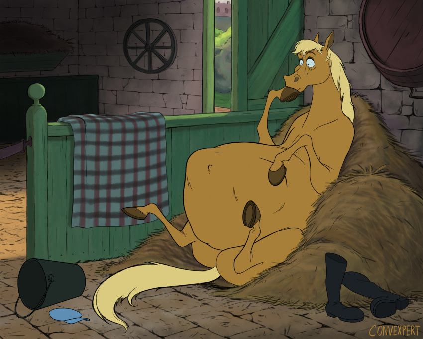 2023 abdominal_bulge belly big_belly boots bucket clothing container convexpert covering covering_mouth disney equid equine footwear frou-frou_(aristocats) fur hay hi_res hooves horse inside lying mammal mane mouth_closed navel nude on_back outie_navel signature tail tail_between_legs the_aristocats wide_eyed