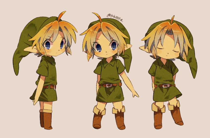 1boy ahoge artist_name brown_footwear closed_mouth full_body green_shirt hat link looking_at_viewer multiple_views pointy_ears shirt short_hair short_sleeves simple_background the_legend_of_zelda the_legend_of_zelda:_ocarina_of_time tokuura tunic young_link