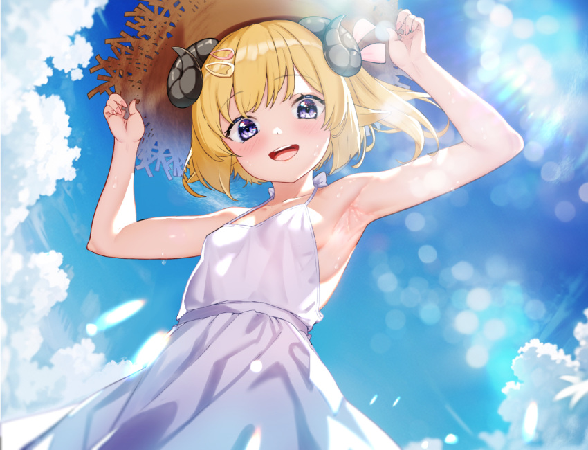 1girl alternate_breast_size animal_ears armpits blonde_hair blue_sky breasts cloud commentary dongchuan from_below hat hololive horns lens_flare medium_hair open_mouth sheep_ears sheep_girl sheep_horns sky small_breasts smile solo sun_hat sunlight tsunomaki_watame virtual_youtuber white_dres