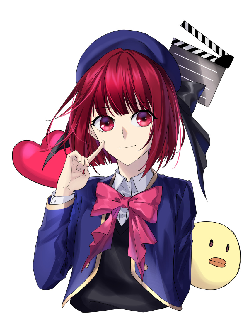 1girl absurdres arima_kana beret black_vest blue_headwear blue_jacket blunt_bangs bob_cut bow buttons clapperboard closed_mouth collared_shirt cropped_torso finger_to_face hat heart highres index_finger_raised jacket light_smile open_clothes open_jacket oshi_no_ko pieyon pink_bow red_eyes red_hair school_uniform shirt short_hair simple_background smile solo suprii upper_body vest white_background white_shirt youtou_high_school_uniform