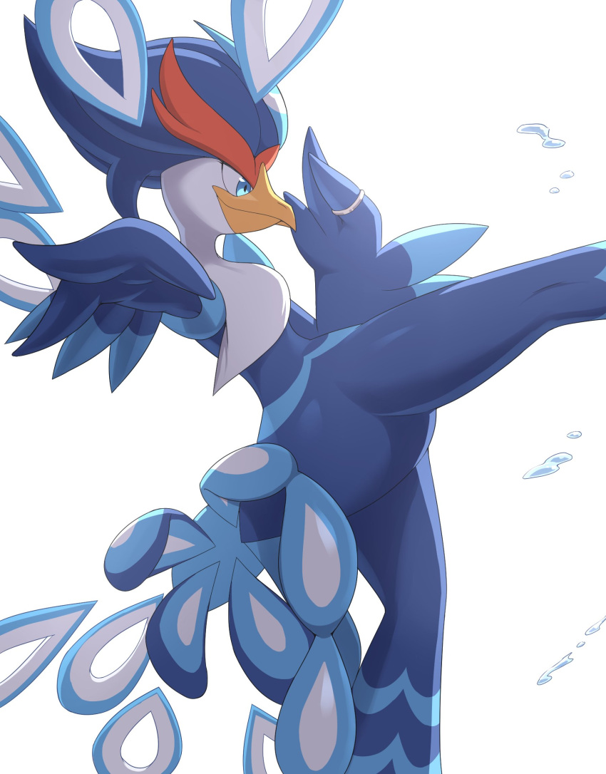 2023 ambiguous_gender anthro beak biped blue_body blue_eyes blue_feathers feathers fur generation_9_pokemon hi_res kajinchu nintendo pokemon pokemon_(species) quaquaval ring simple_background solo white_background white_body white_fur yellow_body