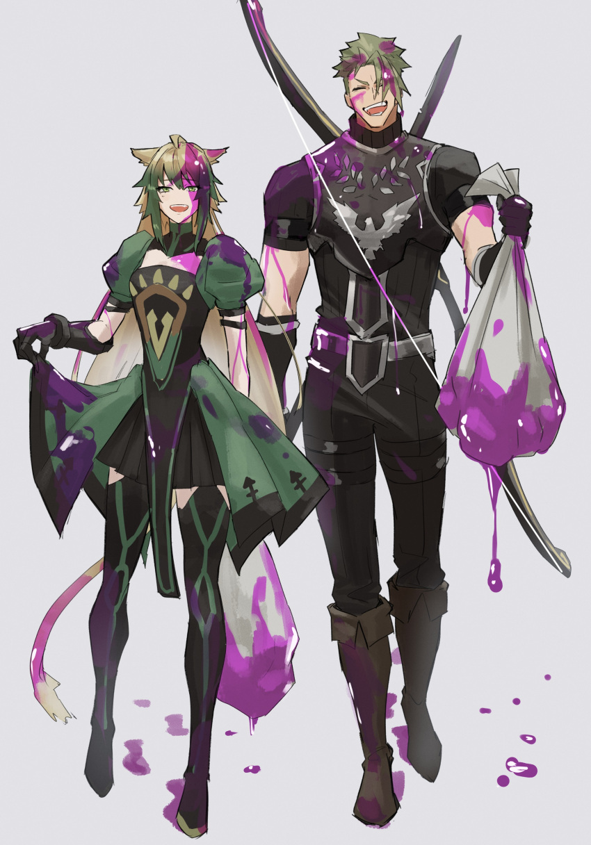 1boy 1girl absurdres achilles_(fate) animal_ears armor atalanta_(fate) bag black_pants black_skirt blood blood_in_hair blood_on_clothes blood_on_face blood_on_tail blood_on_weapon boots bow_(weapon) brown_footwear closed_eyes dress facing_viewer fate/grand_order fate_(series) full_body gauntlets green_dress green_eyes green_hair haruakira highres holding holding_bag long_hair looking_at_viewer open_mouth pants pink_blood skirt tail teeth weapon weapon_on_back