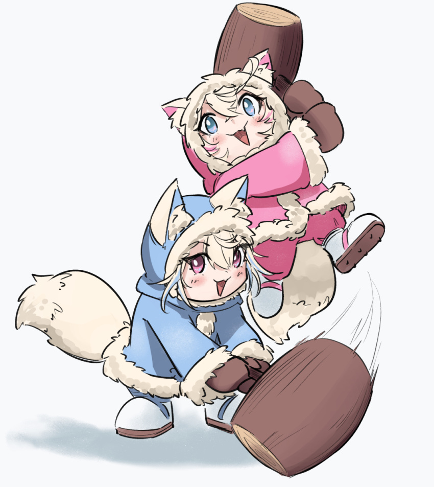 2girls alohamikan animal_ear_fluff animal_ears blonde_hair blue_coat blue_eyes blue_hair brown_gloves coat cosplay dog_ears dog_girl dog_tail fuwawa_abyssgard gloves hair_ornament hairpin hammer highres holding holding_hammer hololive hololive_english ice_climber long_hair looking_at_viewer medium_hair mococo_abyssgard multicolored_hair multiple_girls nana_(ice_climber) nana_(ice_climber)_(cosplay) pink_coat pink_eyes pink_hair popo_(ice_climber) popo_(ice_climber)_(cosplay) short_shorts shorts siblings sisters skirt skirt_set streaked_hair tail twins virtual_youtuber white_shorts white_skirt x_hair_ornament