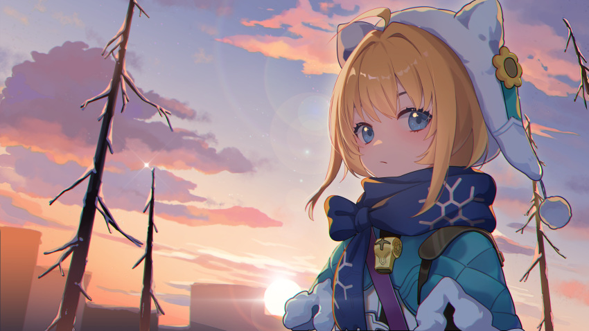 1girl absurdres ahoge animal_ears bare_tree blonde_hair blue_coat blue_eyes blue_scarf blurry bokeh closed_mouth clothing_request cloud coat depth_of_field fake_animal_ears highres honkai:_star_rail honkai_(series) huang_tie_lin looking_at_viewer lynx_landau pom_pom_(clothes) scarf short_hair sky solo sun tree upper_body whistle