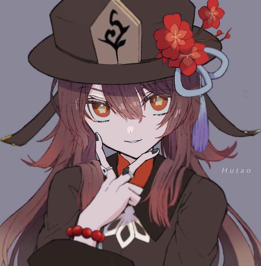 1girl azami_miko bead_bracelet beads black_nails bracelet brown_coat brown_headwear character_name coat flower flower-shaped_pupils genshin_impact grey_background hat hat_flower hat_tassel highres hu_tao_(genshin_impact) jewelry long_hair looking_at_viewer orange_eyes parted_lips simple_background smile solo symbol-shaped_pupils twintails upper_body