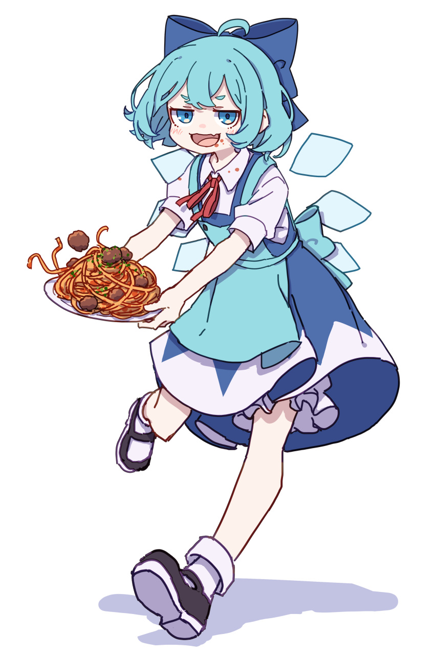 1girl absurdres ahoge apron black_footwear blue_apron blue_bow blue_dress blue_eyes blue_hair blush bow cirno collared_shirt detached_wings dress fairy fang food food_on_clothes food_on_face full_body hair_bow highres ice ice_wings kame_(kamepan44231) meatball one-hour_drawing_challenge open_mouth pasta pinafore_dress shirt shoes short_hair short_sleeves simple_background skin_fang smile socks solo spaghetti touhou white_background white_shirt white_socks wings